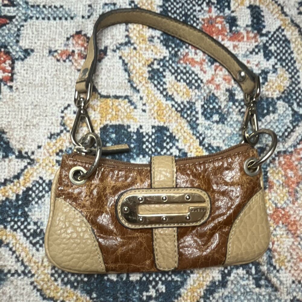 Vintage Y2K GUESS Belle Shine Mini Baguette Bag Brown Tan Cracked Leather Style